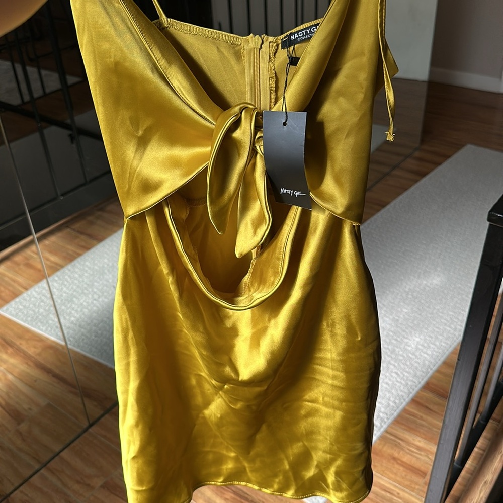 Nasty Gal Mustard Satin Tie-Front Mini Dress – Size US 8 (EU 40 / UK 12)